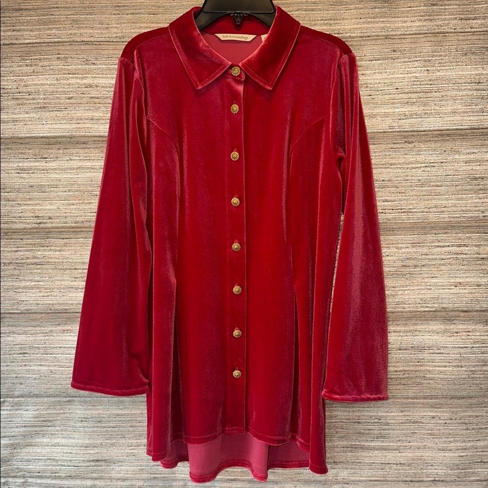 Soft Surroundings Red Velvet Button Down Shirt